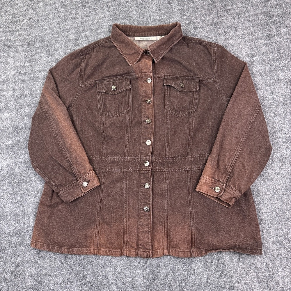 Roamans Womens Denim Jean Jacket 24W Brown Long Button Front Rustic Distressed